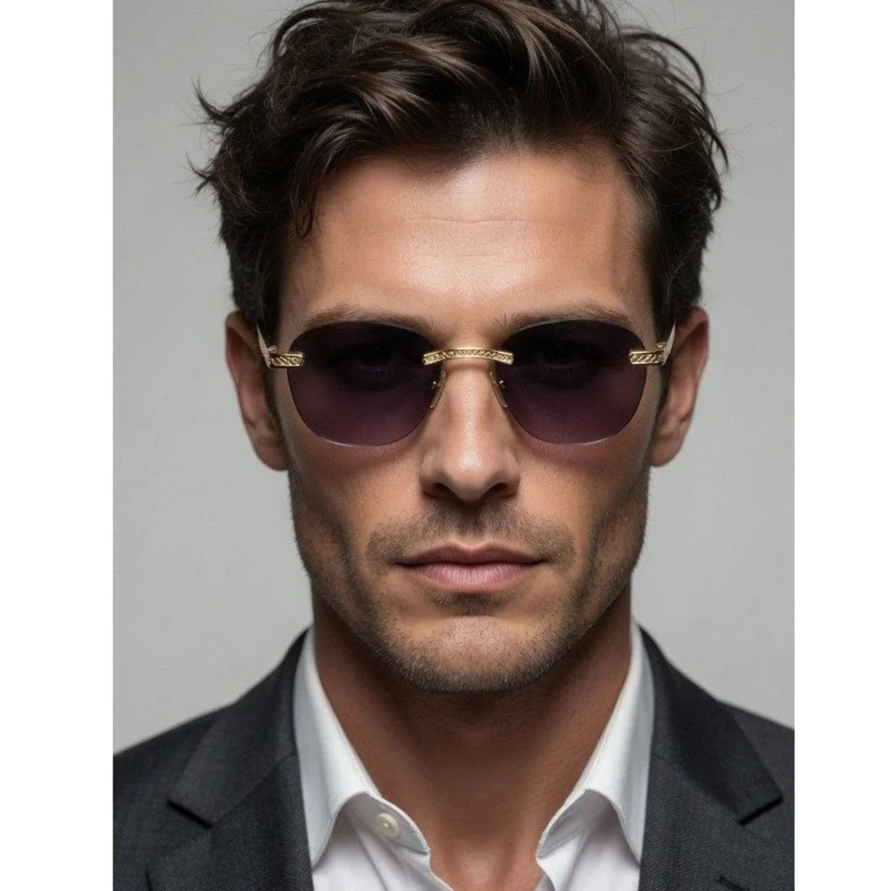 Mens‎ Retro Luxury Designer Style Streetwear Minimalist Rimless Sunglasses Black
